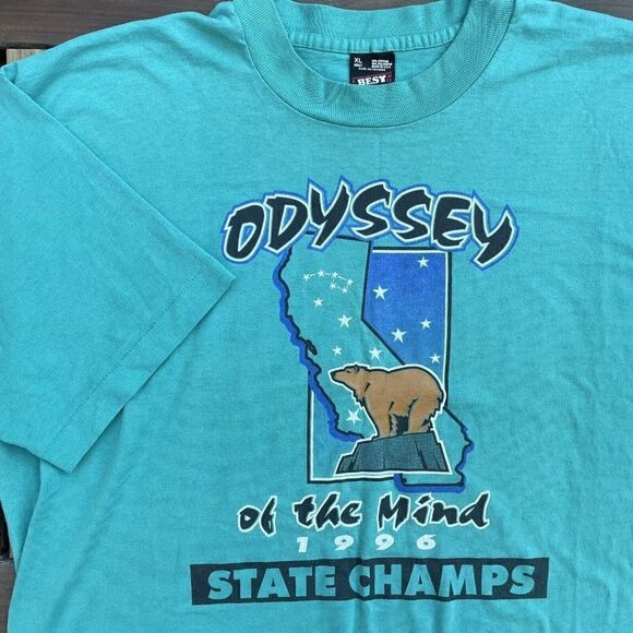 VTG Teal California 1996 Odyssey Bear State Champs Single Stitch T-Shirt Size XL - Picture 1 of 7